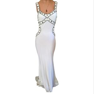 Jovani White Black Backless Scoop Neck Bodycon Rhinestone Prom Dress Size 4